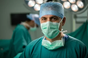 Ritratto fotografico di un chirurgo esperto e rassicurante che guarda in camera, simboleggiando la fiducia nella chirurgia oncologica anche in età avanzata. Luce morbida, profondità di campo, obiettivo prime 50mm, toni caldi e neutri.
