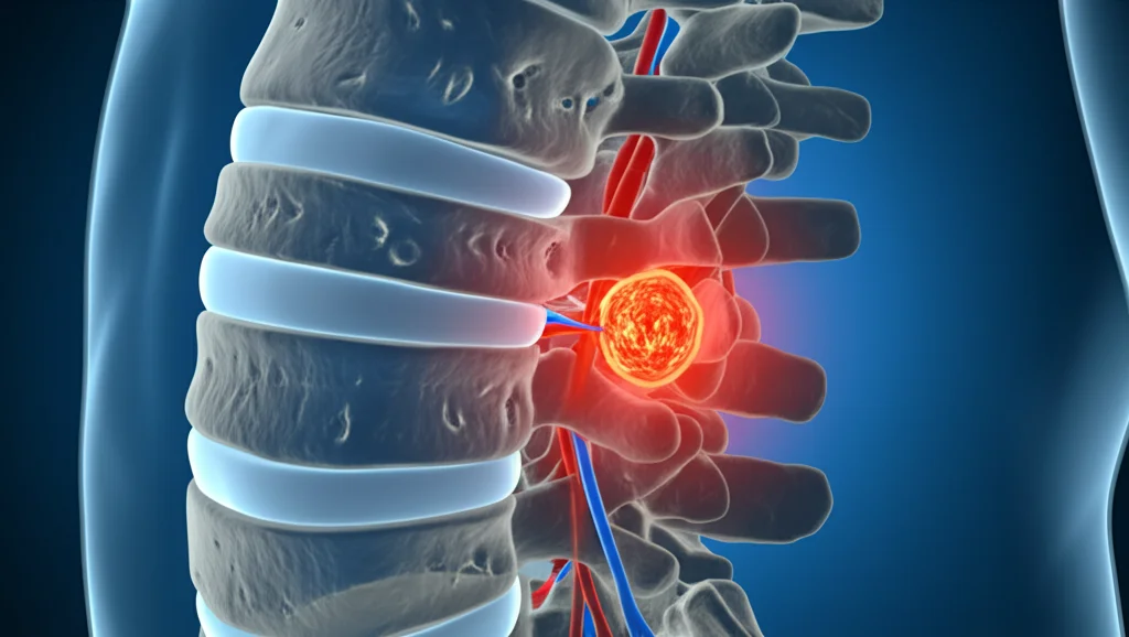 Visualizzazione artistica e fotorealistica di una sezione trasversale di una colonna vertebrale umana con un disco intervertebrale che mostra segni di degenerazione (rosso infiammato) accanto a uno sano (blu calmo), illuminazione laterale drammatica, profondità di campo, dettagli anatomici precisi, obiettivo 35mm.