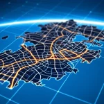 Visualizzazione astratta di dati predittivi sulla sicurezza stradale sovrapposti a una mappa stilizzata della provincia di Shandong, Cina. Obiettivo grandangolare 24mm, focus nitido sui punti dati luminosi che rappresentano hot-spot di incidenti, colori blu e arancione duotone per rappresentare analisi e rischio, concetto di tecnologia e analisi dati per la prevenzione.