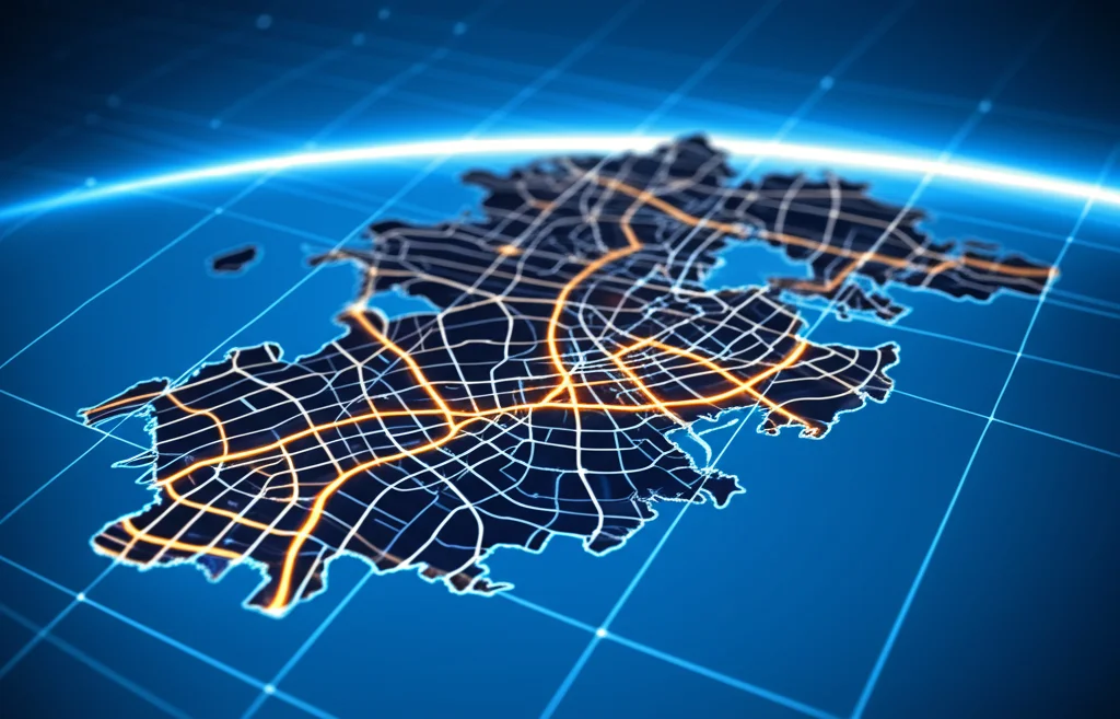 Visualizzazione astratta di dati predittivi sulla sicurezza stradale sovrapposti a una mappa stilizzata della provincia di Shandong, Cina. Obiettivo grandangolare 24mm, focus nitido sui punti dati luminosi che rappresentano hot-spot di incidenti, colori blu e arancione duotone per rappresentare analisi e rischio, concetto di tecnologia e analisi dati per la prevenzione.