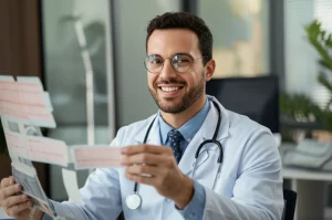 Fotografia ritratto di un cardiologo brasiliano sorridente che esamina un elettrocardiogramma in uno studio medico moderno e luminoso. Obiettivo prime 50mm, profondità di campo media, luce professionale.