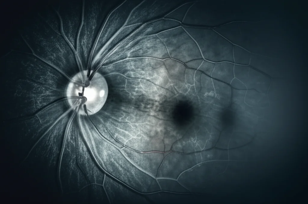 Immagine fotorealistica concettuale che mostra una stilizzazione della ghiandola tiroidea sovrapposta a un'immagine dettagliata di una retina umana con segni di retinopatia diabetica. L'illuminazione è focalizzata sul punto di intersezione tra i due elementi. Stile: prime lens, 35mm, profondità di campo selettiva, colori duotone blu e grigio per un effetto clinico ma suggestivo.