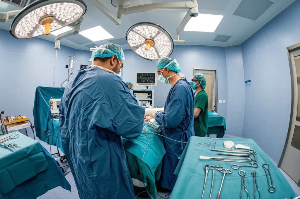 Immagine grandangolare di una sala operatoria pediatrica moderna e luminosa, con personale medico concentrato attorno a un tavolo operatorio durante un intervento delicato su un neonato. Messa a fuoco nitida, obiettivo grandangolare 18mm, che trasmette un senso di speranza, precisione e alta tecnologia medica.