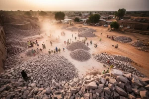 Panoramica fotorealistica di una vasta cava di granito artigianale a Ouagadougou, Burkina Faso. Lavoratori, principalmente donne, sparsi nell'area, intenti a spaccare e trasportare pietre con attrezzi manuali. Polvere e condizioni aride sotto un cielo africano. Obiettivo grandangolare 20mm, luce del tardo pomeriggio, alta definizione, stile documentario per catturare la scala e l'attività.