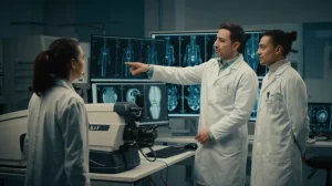 Team multietnico di ricercatori asiatici ed europei che collaborano in un laboratorio di medicina sportiva high-tech, analizzando scansioni articolari su schermi luminosi, prime lens 24mm, depth of field, illuminazione da laboratorio controllata.