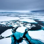 Visione aerea di una vasta piattaforma di ghiaccio nel Mare del Nord durante l'ultima deglaciazione, con grandi iceberg tabulari che si staccano dal fronte. Ripresa con obiettivo grandangolare 10mm, lunga esposizione per simulare il movimento lento del ghiaccio, luce fredda dell'alba artica.