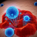 Visualizzazione 3D fotorealistica di un idrogel bio-stampato (dECM@exo) impiantato in una sezione trasversale stilizzata del cervello di ratto, con esosomi (piccole sfere luminose bluastre) che vengono rilasciati nel tessuto circostante danneggiato da un'emorragia (area rossastra). Illuminazione drammatica che evidenzia l'area di riparazione e l'interazione tra scaffold e tessuto. Alto dettaglio, texture realistiche del tessuto cerebrale e dell'idrogel.
