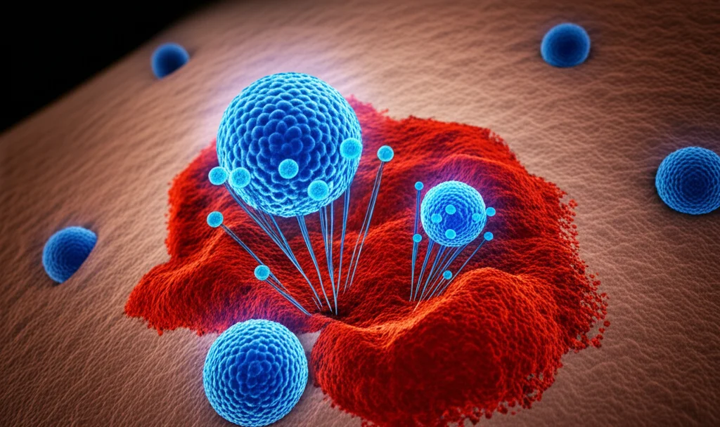 Visualizzazione 3D fotorealistica di un idrogel bio-stampato (dECM@exo) impiantato in una sezione trasversale stilizzata del cervello di ratto, con esosomi (piccole sfere luminose bluastre) che vengono rilasciati nel tessuto circostante danneggiato da un'emorragia (area rossastra). Illuminazione drammatica che evidenzia l'area di riparazione e l'interazione tra scaffold e tessuto. Alto dettaglio, texture realistiche del tessuto cerebrale e dell'idrogel.
