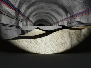 Visualizzazione 3D fotorealistica di una sezione trasversale di un tunnel metropolitano che interseca una zona di faglia complessa con multiple superfici di scorrimento. Si vedono chiaramente le deformazioni e le zone di stress colorate sul rivestimento del tunnel. Illuminazione drammatica dal basso. Obiettivo grandangolare 18mm per una vista ampia del contesto geologico.