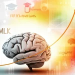 Visualizzazione concettuale del cervello di un bambino stilizzato ma dettagliato, sovrapposto a un grafico di crescita stilizzato che mostra una curva ascendente. Intorno, elementi grafici che simboleggiano nutrizione (frutta, latte) e apprendimento (libri, matite). Sfondo astratto con colori caldi e positivi. Illuminazione morbida, focus centrale sul cervello e grafico.