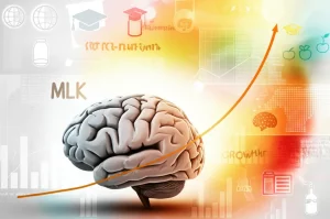 Visualizzazione concettuale del cervello di un bambino stilizzato ma dettagliato, sovrapposto a un grafico di crescita stilizzato che mostra una curva ascendente. Intorno, elementi grafici che simboleggiano nutrizione (frutta, latte) e apprendimento (libri, matite). Sfondo astratto con colori caldi e positivi. Illuminazione morbida, focus centrale sul cervello e grafico.