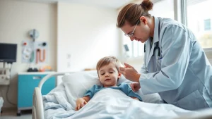 Fotografia in stile ritratto di un bambino in un letto d'ospedale che interagisce dolcemente con un medico o un'infermiera in camice. L'ambiente è una stanza d'ospedale pediatrica luminosa ma tranquilla. L'attenzione è sulla cura e l'interazione umana nel contesto medico. Prime lens, 50mm, Depth of field, soft natural lighting, pediatric care setting.