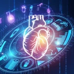Immagine concettuale di un cuore umano stilizzato, luminoso e sano, circondato da una spirale di dati digitali e icone mediche (goccia di sangue, metro, grafico). Lo sfondo è blu scuro e astratto. Focus nitido sul cuore, illuminazione high-tech, che simboleggia l'analisi del rischio cardiovascolare tramite parametri metabolici come l'eGDR.