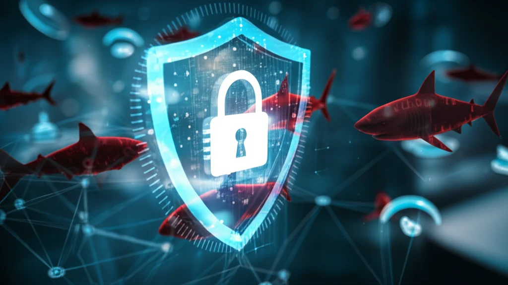 Immagine concettuale di uno scudo digitale luminoso che protegge una rete interconnessa di dispositivi IoT (sensori, smart device) da minacce informatiche stilizzate come squali digitali rossi. Fotografia con obiettivo 50mm, profondità di campo che mette a fuoco lo scudo, sfondo leggermente sfocato, illuminazione drammatica high-tech.