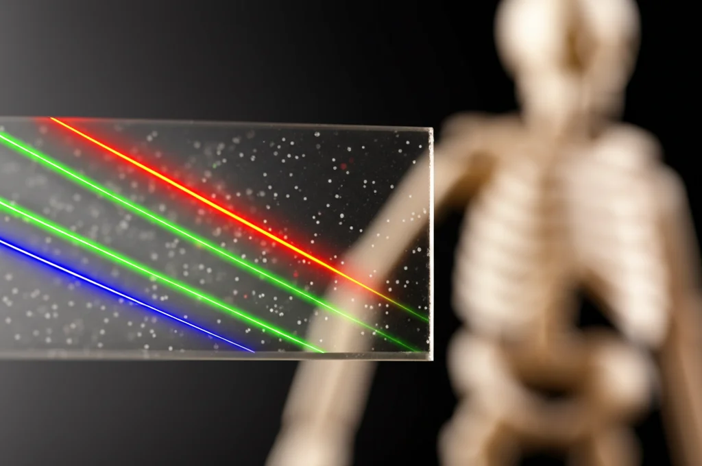 Immagine fotorealistica con obiettivo macro 80mm, alto dettaglio e illuminazione controllata, che mostra un campione di vetro borosilicato trasparente con nanoparticelle di ZnO disperse, che devia simbolicamente delle linee luminose rappresentanti radiazioni gamma. Sullo sfondo, una sfocata struttura ossea stilizzata suggerisce l'applicazione biomedica. Profondità di campo ridotta per focalizzare sul vetro.