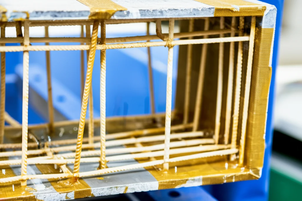 Immagine fotorealistica, scattata con obiettivo da 35mm, che mostra una sezione trasversale di una trave scatolare in cemento armato riparata. Sono chiaramente visibili le barre interne di rinforzo in GFRP (colore chiaro, non metallico) e le strisce esterne di GFRP (aspetto tessuto/composito) applicate sulla superficie con uno strato di resina epossidica trasparente. Profondità di campo che mette a fuoco i materiali compositi. Contesto pulito di laboratorio o cantiere moderno.