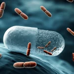 Immagine macro ad alta definizione di una singola microcapsula di plastica traslucida, parzialmente erosa e circondata da batteri stilizzati su uno sfondo acquatico scuro e sfocato. Lente macro 100mm, illuminazione drammatica laterale che evidenzia la texture della capsula e i batteri, messa a fuoco selettiva sulla capsula.