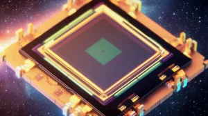 Primo piano macro 80mm di un micro-specchio MEMS FSM da 10mm con sensori piezoresistivi integrati visibili sulle molle di supporto, illuminazione controllata che ne esalta la superficie riflettente dorata e i dettagli tecnologici del chip sottostante, sfondo sfocato che suggerisce un'applicazione spaziale con stelle e nebulose, alta definizione, messa a fuoco precisa.