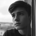 Ritratto emotivo di un giovane adulto (circa 22 anni) che guarda fuori da una finestra in una giornata nuvolosa, simboleggiando l'incertezza e il disagio psicologico. Fotografia in bianco e nero, obiettivo 35mm, leggera grana della pellicola, profondità di campo che lascia intravedere l'esterno sfocato.
