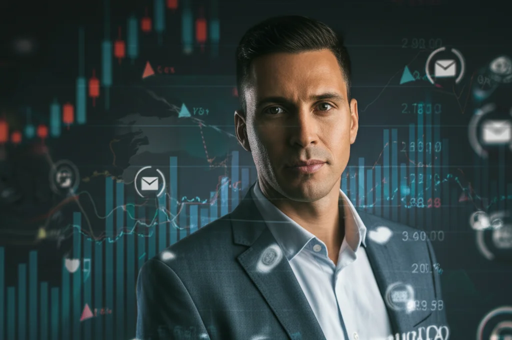 Ritratto fotografico realistico di un CEO dinamico (genere neutro, etnia diversificata), sui 45 anni, che guarda avanti con fiducia. Lo sfondo fonde sottilmente la proiezione di un grafico di borsa e icone astratte dei social media. Obiettivo prime, 35mm, illuminazione leggermente drammatica, profondità di campo.