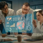 Team medico multietnico e intergenerazionale che analizza dati globali sull'ernia su uno schermo digitale, espressioni concentrate ma collaborative, ambientazione ufficio moderno luminoso, prime lens, 35mm, depth of field.