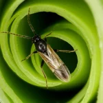 Un esemplare adulto femmina di Fulmekiola serrata visto al microscopio stereoscopico, posizionato all'interno delle foglie centrali arrotolate (cuore) di una giovane pianta di canna da zucchero (stadio di plantula), illuminazione da laboratorio che evidenzia la morfologia dell'insetto e il suo habitat di svernamento, obiettivo macro 105mm, alta definizione, messa a fuoco precisa sull'insetto.