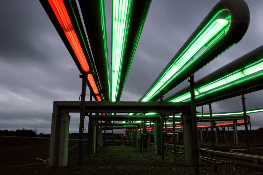 Vista grandangolare fotorealistica (obiettivo 15mm) di una complessa rete luminosa di tubi interconnessi (gas o acqua) che si estende in lontananza sotto un cielo tempestoso e incerto, a simboleggiare la domanda fluttuante. Messa a fuoco nitida, effetto di lunga esposizione sulla 'luminescenza' all'interno dei tubi.
