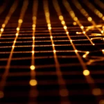 Visualizzazione concettuale della correlazione di coppia per sequenze numeriche sul toro. Primo piano (macro, 90mm) su punti astratti che mostrano sia regolarità (pochi gap distinti) sia la statistica delle loro distanze, con illuminazione drammatica e precisa per evidenziare la tensione tra ordine e casualità.