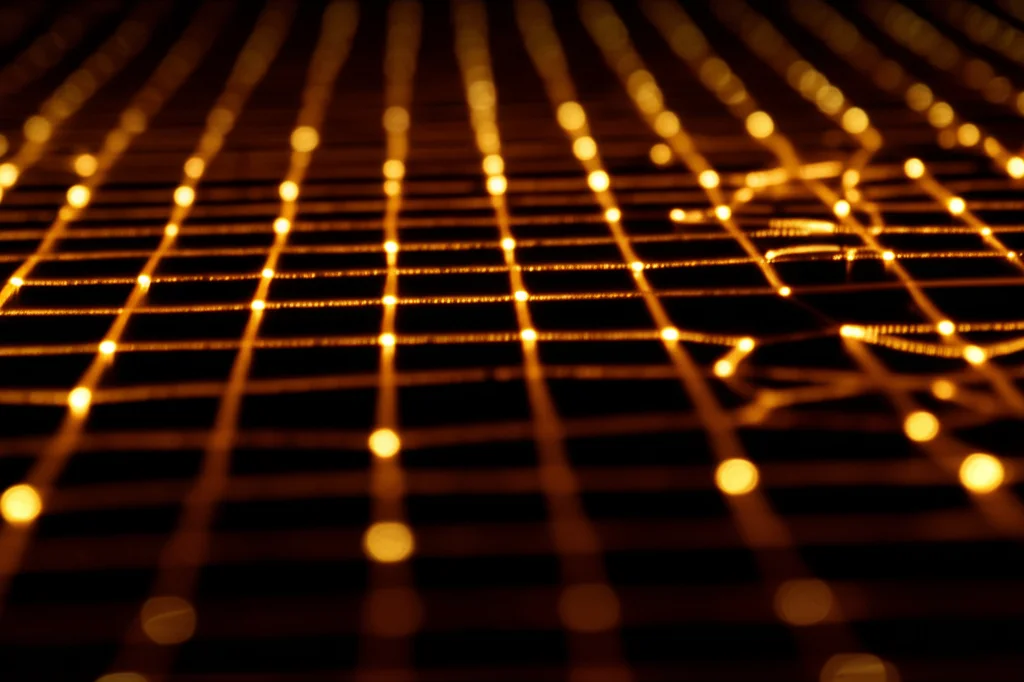 Visualizzazione concettuale della correlazione di coppia per sequenze numeriche sul toro. Primo piano (macro, 90mm) su punti astratti che mostrano sia regolarità (pochi gap distinti) sia la statistica delle loro distanze, con illuminazione drammatica e precisa per evidenziare la tensione tra ordine e casualità.