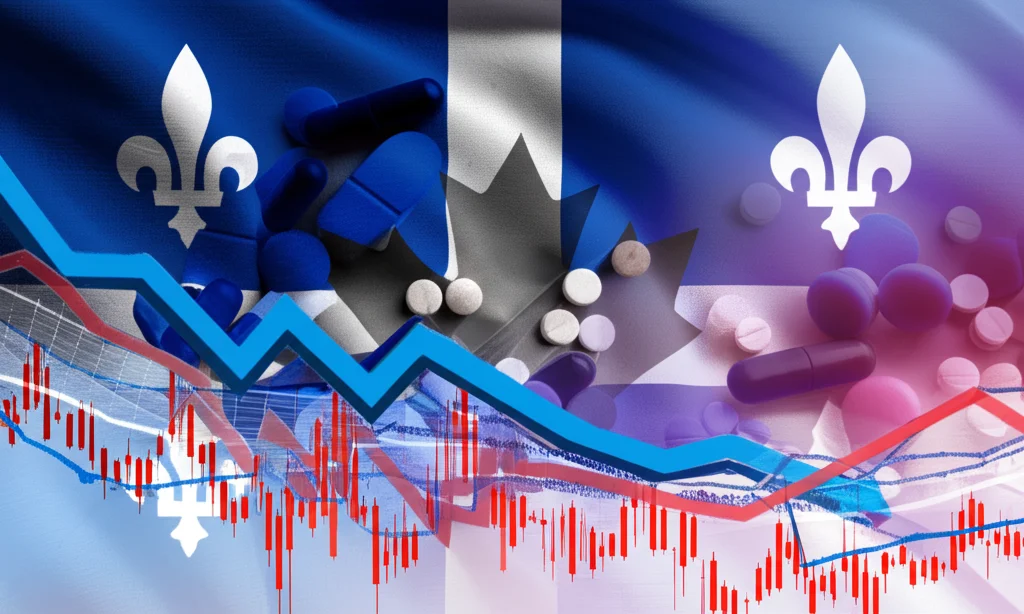 Visualizzazione grafica astratta che mostra linee di tendenza fluttuanti (alcune blu in calo, altre rosse in aumento) sovrapposte a un'immagine semi-trasparente di diverse pillole e una bandiera stilizzata del Quebec, stile infografica moderna, colori dominanti blu, rosso e bianco.