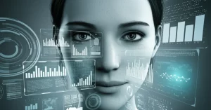 Concetto di intelligenza artificiale che analizza i tratti somatici per la diagnosi medica precoce dell'acromegalia, sovrapposizione di dati digitali astratti su un volto umano realistico, obiettivo prime 35mm, profondità di campo accentuata, toni blu e grigi duotone per un look tecnologico e clinico.
