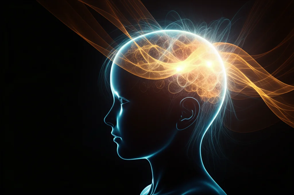 Immagine concettuale che mostra onde luminose astratte blu e gialle che interagiscono delicatamente con la silhouette stilizzata di una testa di bambino, simboleggiando la neuromodulazione non invasiva tDCS. Sfondo scuro sfumato, colori caldi e rassicuranti, focus nitido sulle onde luminose che convergono sull'area prefrontale.