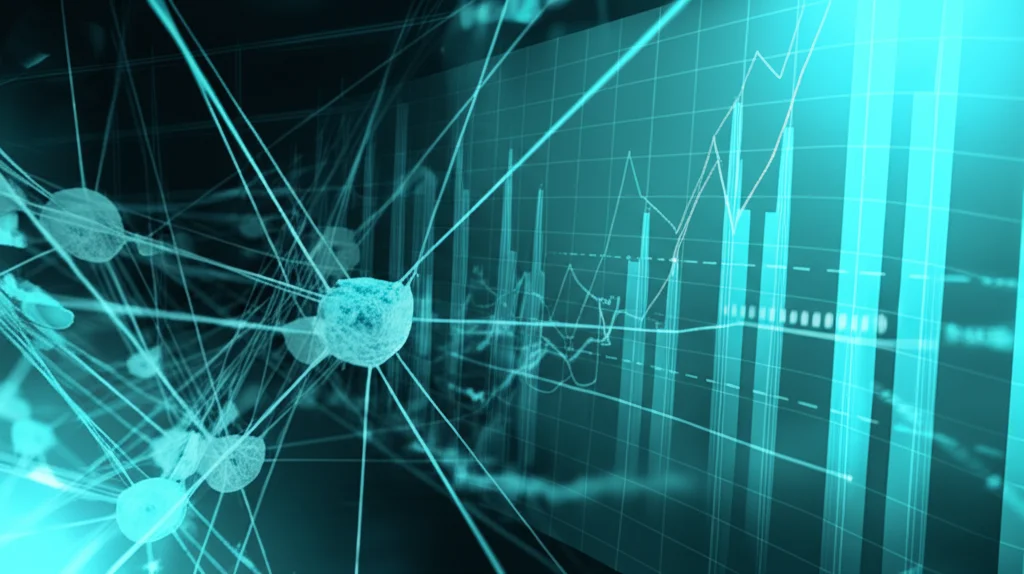 Immagine concettuale di una rete neurale luminosa e complessa sovrapposta a una visualizzazione astratta di dati clinici sbilanciati, con un grafico di sopravvivenza in crescita sullo sfondo. Prime lens, 35mm, depth of field, duotone blu e verde acqua.