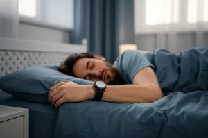 Persona che dorme serenamente a letto, con un orologio actigrafico visibile al polso, luce soffusa dalla finestra, fotografia ritratto 35mm, profondità di campo.