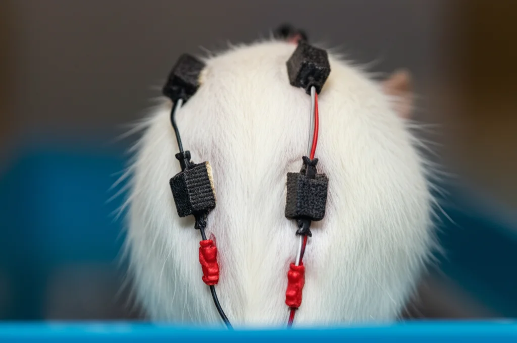Primo piano fotorealistico di un ratto Wistar maschio in un ambiente di laboratorio, con focus sulla regione lombare dove sono impiantati elettrodi EMG sottocutanei. Illuminazione da laboratorio controllata, obiettivo macro 85mm, alta definizione, profondità di campo ridotta per isolare il soggetto.