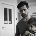 Ritratto di un genitore dall'aria preoccupata che tiene la mano di un bambino piccolo, sfondo diviso tra uno studio medico e una cucina con pochi viveri, obiettivo prime 35mm, profondità di campo, tonalità duotone blu e grigio.