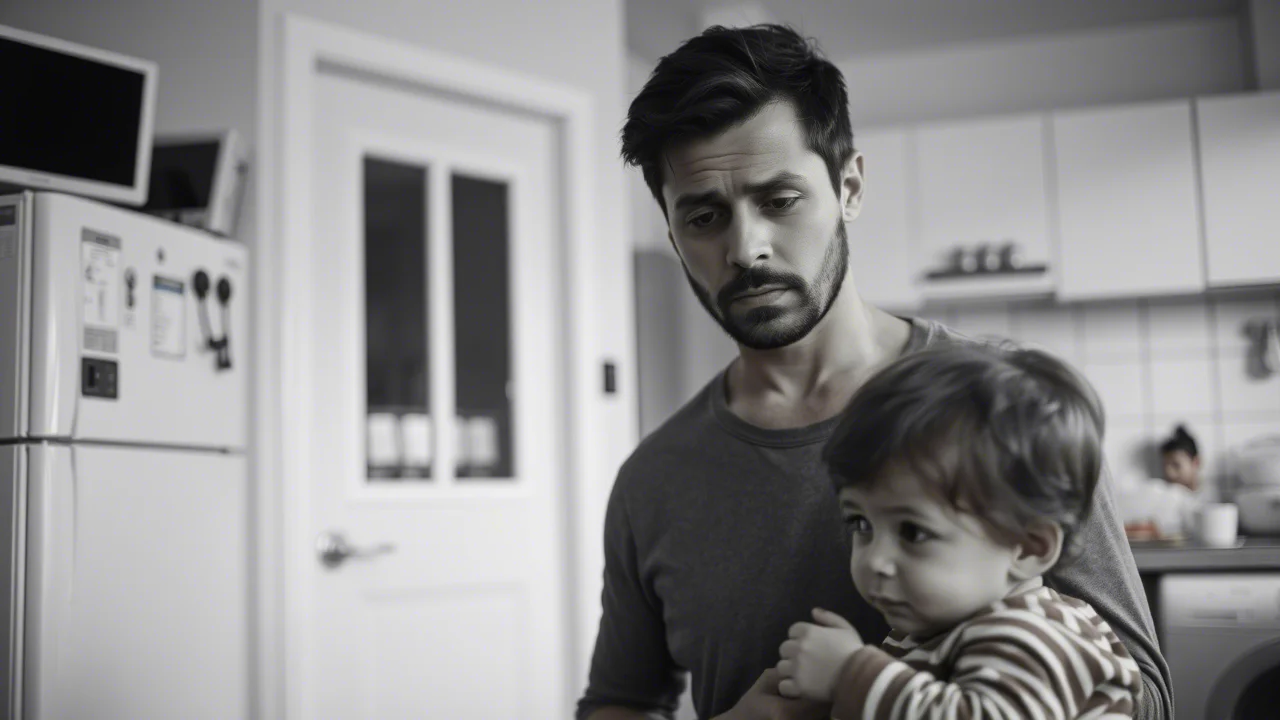 Ritratto di un genitore dall'aria preoccupata che tiene la mano di un bambino piccolo, sfondo diviso tra uno studio medico e una cucina con pochi viveri, obiettivo prime 35mm, profondità di campo, tonalità duotone blu e grigio.