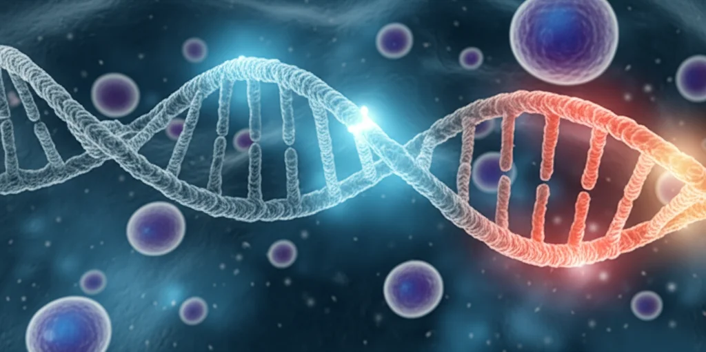 Visualizzazione artistica 3D di una doppia elica di DNA con le estremità dei telomeri luminose che si accorciano gradualmente, sfondo astratto che rappresenta cellule immunitarie stilizzate in attacco, wide-angle lens 20mm per dare un senso di vastità biologica, illuminazione suggestiva e drammatica.