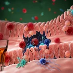 Visualizzazione concettuale fotorealistica dell'intestino umano con aree di permeabilità aumentata (leaky gut), dove molecole batteriche stilizzate attraversano la barriera intestinale ed entrano nel flusso sanguigno attivando cellule immunitarie (macrofagi). Sullo sfondo, una sfumatura che passa da un bicchiere di alcol a simboli di infiammazione sistemica. Profondità di campo per mettere a fuoco la barriera intestinale danneggiata.