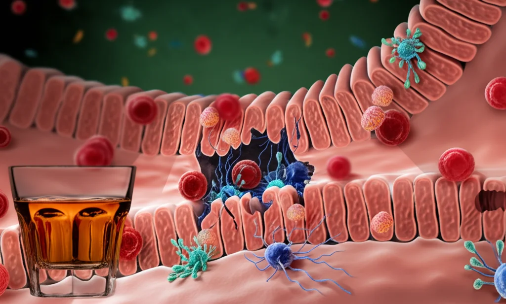 Visualizzazione concettuale fotorealistica dell'intestino umano con aree di permeabilità aumentata (leaky gut), dove molecole batteriche stilizzate attraversano la barriera intestinale ed entrano nel flusso sanguigno attivando cellule immunitarie (macrofagi). Sullo sfondo, una sfumatura che passa da un bicchiere di alcol a simboli di infiammazione sistemica. Profondità di campo per mettere a fuoco la barriera intestinale danneggiata.