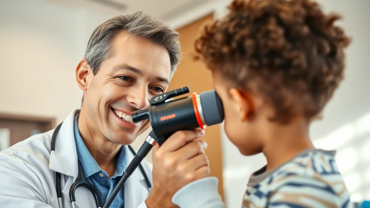 Fotografia ritratto, obiettivo 50mm, un medico pediatra sorridente esamina l'orecchio di un bambino piccolo con un otoscopio in un ambulatorio luminoso e accogliente, profondità di campo per sfocare leggermente lo sfondo, luce naturale.