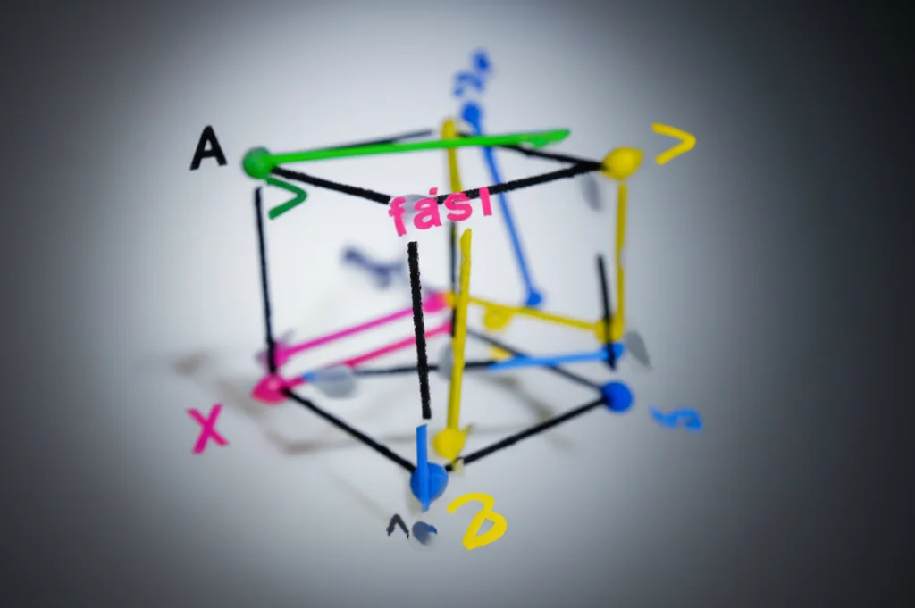Illustrazione artistica di un ipercubo multidimensionale con spigoli orientati che mostrano il concetto di 'fasi' e 'flip'. Focus su un set di spigoli evidenziati che possono essere 'capovolti'. Lente prime 50mm, profondità di campo, illuminazione drammatica.