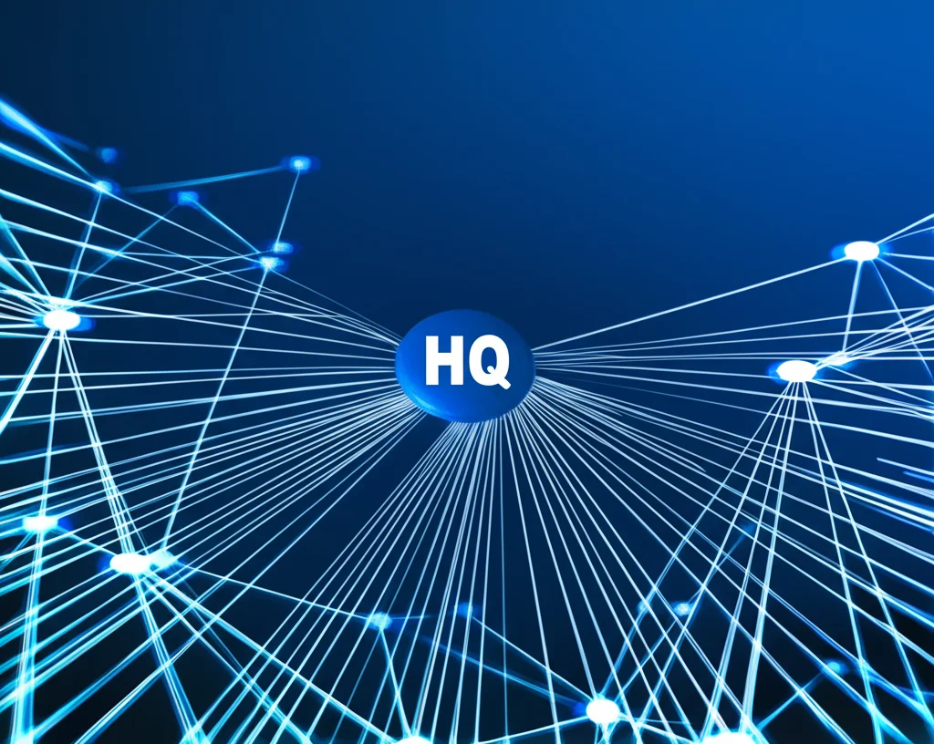 Illustrazione concettuale di una rete neurale luminosa che collega un nodo centrale (HQ) a molti nodi periferici (franchisee) su uno sfondo blu scuro. Le linee di connessione rappresentano il flusso di conoscenza e decisioni. Wide-angle 10mm, long exposure per scie luminose, sharp focus sui nodi.