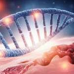 Illustrazione fotorealistica 3D di un filamento di DNA umano con marcatori epigenetici (metilazione, sfere luminose) evidenziati, con un virus HIV stilizzato in background sfocato e una rappresentazione luminosa della mucosa intestinale danneggiata che mostra segni di infiammazione. Lente prime 35mm, profondità di campo, illuminazione scientifica precisa, alta definizione, colori duotone blu e arancio.