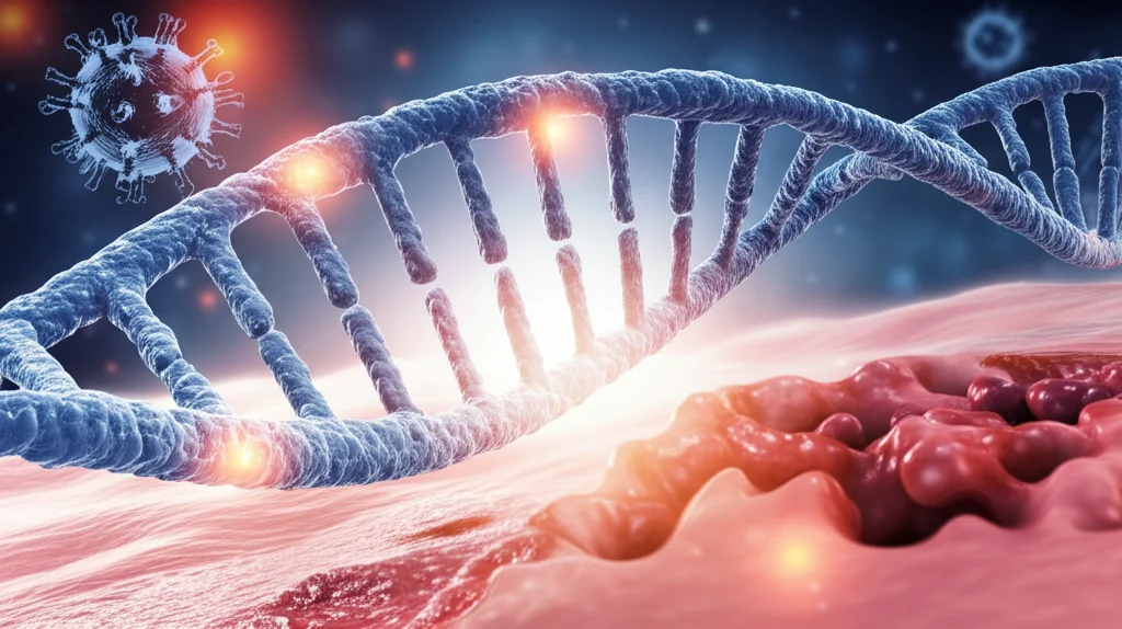 Illustrazione fotorealistica 3D di un filamento di DNA umano con marcatori epigenetici (metilazione, sfere luminose) evidenziati, con un virus HIV stilizzato in background sfocato e una rappresentazione luminosa della mucosa intestinale danneggiata che mostra segni di infiammazione. Lente prime 35mm, profondità di campo, illuminazione scientifica precisa, alta definizione, colori duotone blu e arancio.