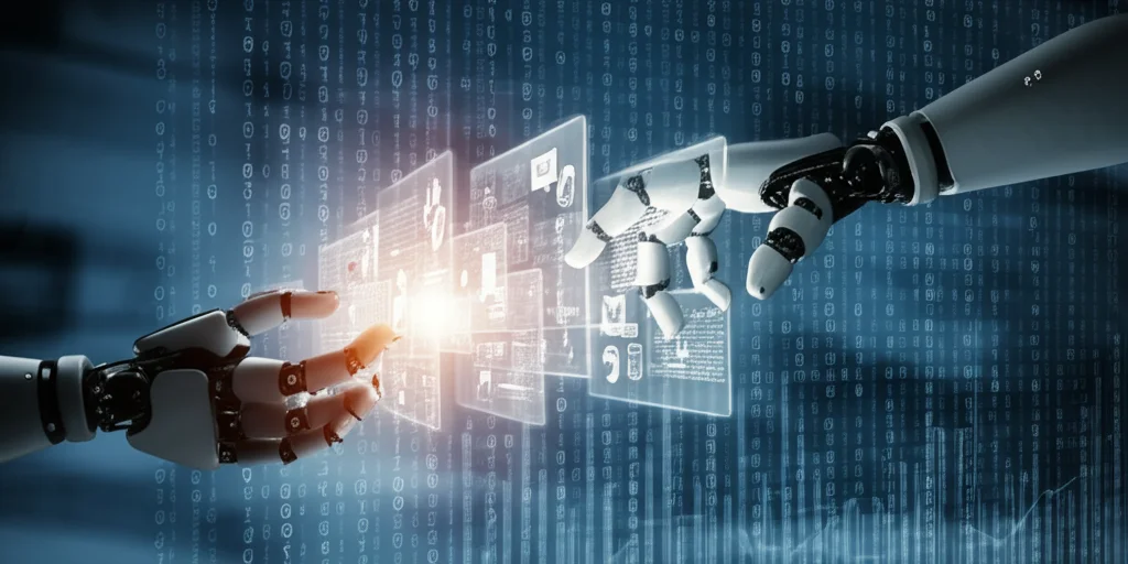 Immagine concettuale fotorealistica: una mano umana che passa un fascio di articoli scientifici digitalizzati (rappresentati come fogli luminosi) a una mano robotica/AI stilizzata, sopra uno sfondo di codice binario sfocato e grafici medici. Simboleggia la collaborazione uomo-macchina nella ricerca. Obiettivo 50mm, illuminazione controllata, alto dettaglio.