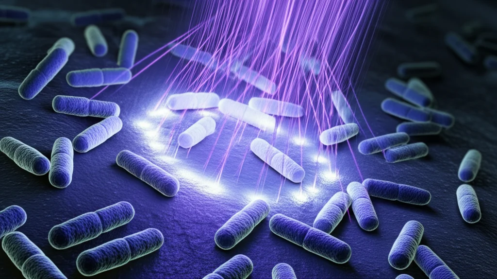 Primo piano fotorealistico, obiettivo macro 90mm, che mostra un fascio di luce UV stilizzata blu/viola colpire e neutralizzare cellule batteriche astratte su una superficie scura. Alto dettaglio, illuminazione drammatica e controllata, effetto di profondità di campo.