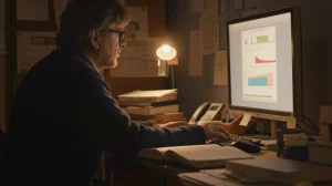 Un ricercatore solitario lavora fino a tardi nel suo ufficio, illuminato solo dalla lampada da scrivania e dallo schermo del computer che mostra grafici scientifici complessi. Pile di libri e articoli scientifici lo circondano. Atmosfera intima e di profonda concentrazione. Fotografia ritratto, obiettivo prime 35mm, profondità di campo ridotta, luce calda e contrastata.