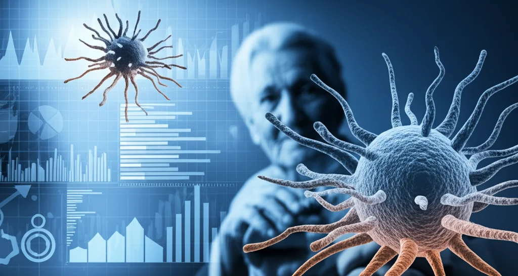 Visualizzazione astratta di molecole di farmaci biologici che interagiscono con cellule immunitarie stilizzate, su uno sfondo che sfuma da un grafico di dati scientifici a un ritratto sfocato di un paziente anziano. Illuminazione drammatica, colori blu e arancio duotone, profondità di campo.