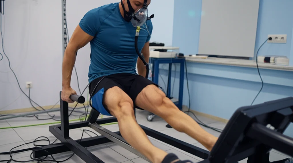 Atleta che esegue estensioni del ginocchio in un laboratorio, indossando una maschera per l'ipossia. Immagine catturata con obiettivo telephoto zoom 150mm, fast shutter speed per congelare il movimento, action tracking attivo, illuminazione controllata che evidenzia lo sforzo muscolare e l'attrezzatura scientifica sullo sfondo.